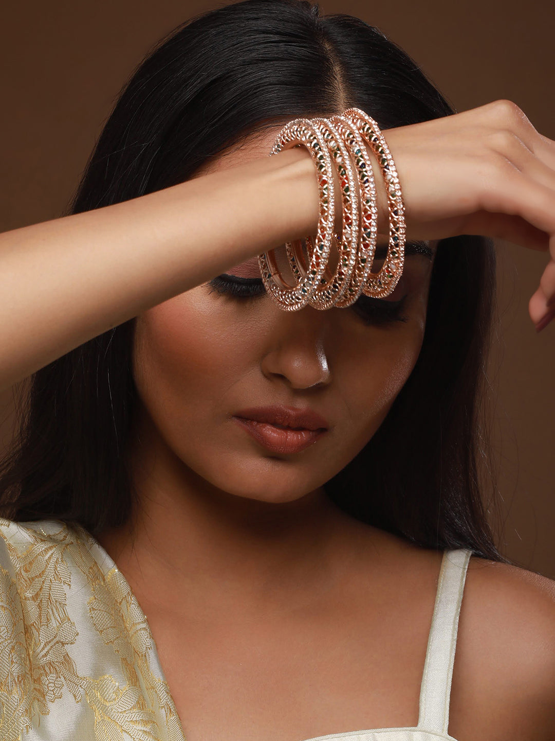 Set Of 4 Rose Gold Plated Stone-Studded Crystal-Beaded Bangles - Jazzandsizzle