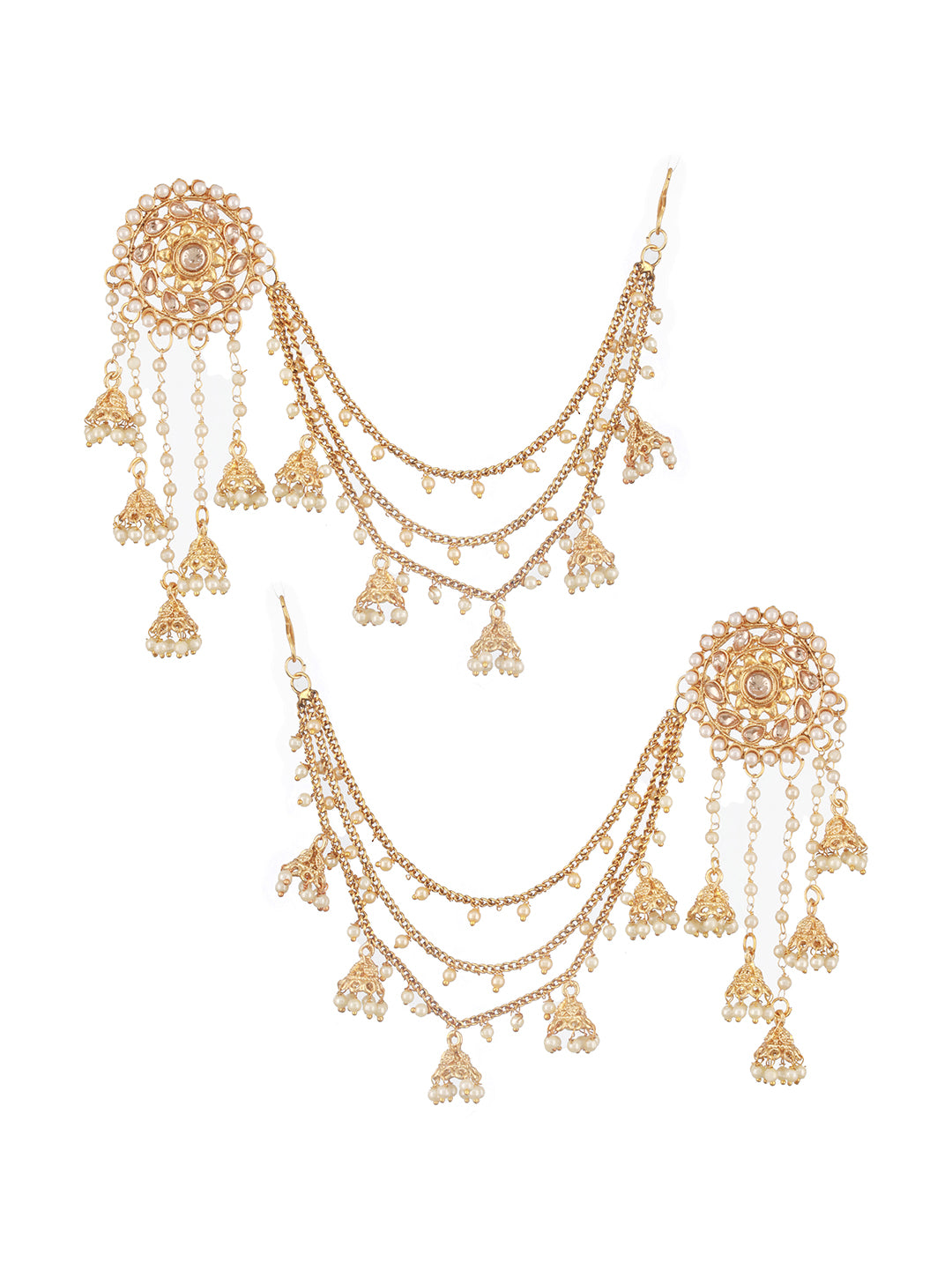 Jazz And Sizzle Gold-Plated Kundan Studded & Beaded Women Classic Jhumka Earrings with Kanchain