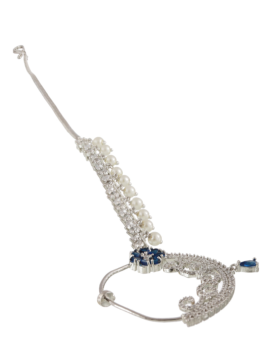 Silver Plated Blue Floral American Diamond Studded Handcrafted Nose Ring With Pearl Drop Chain - Jazzandsizzle