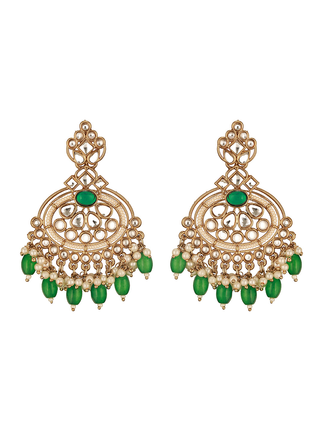 Jazz And Sizzle Green & White Kundan Studded Gold-Plated Classic Chandbalis Earrings