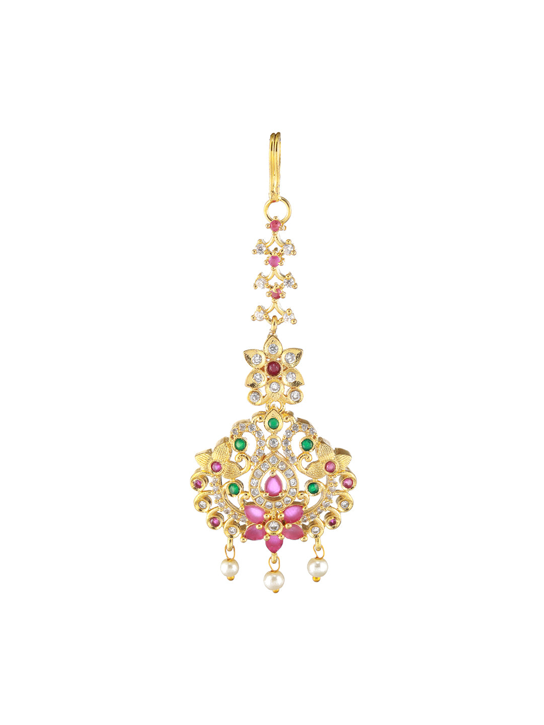 Gold-Plated Maroon & Green AD-Studded & Beaded Handcrafted Maangtikka - Jazzandsizzle