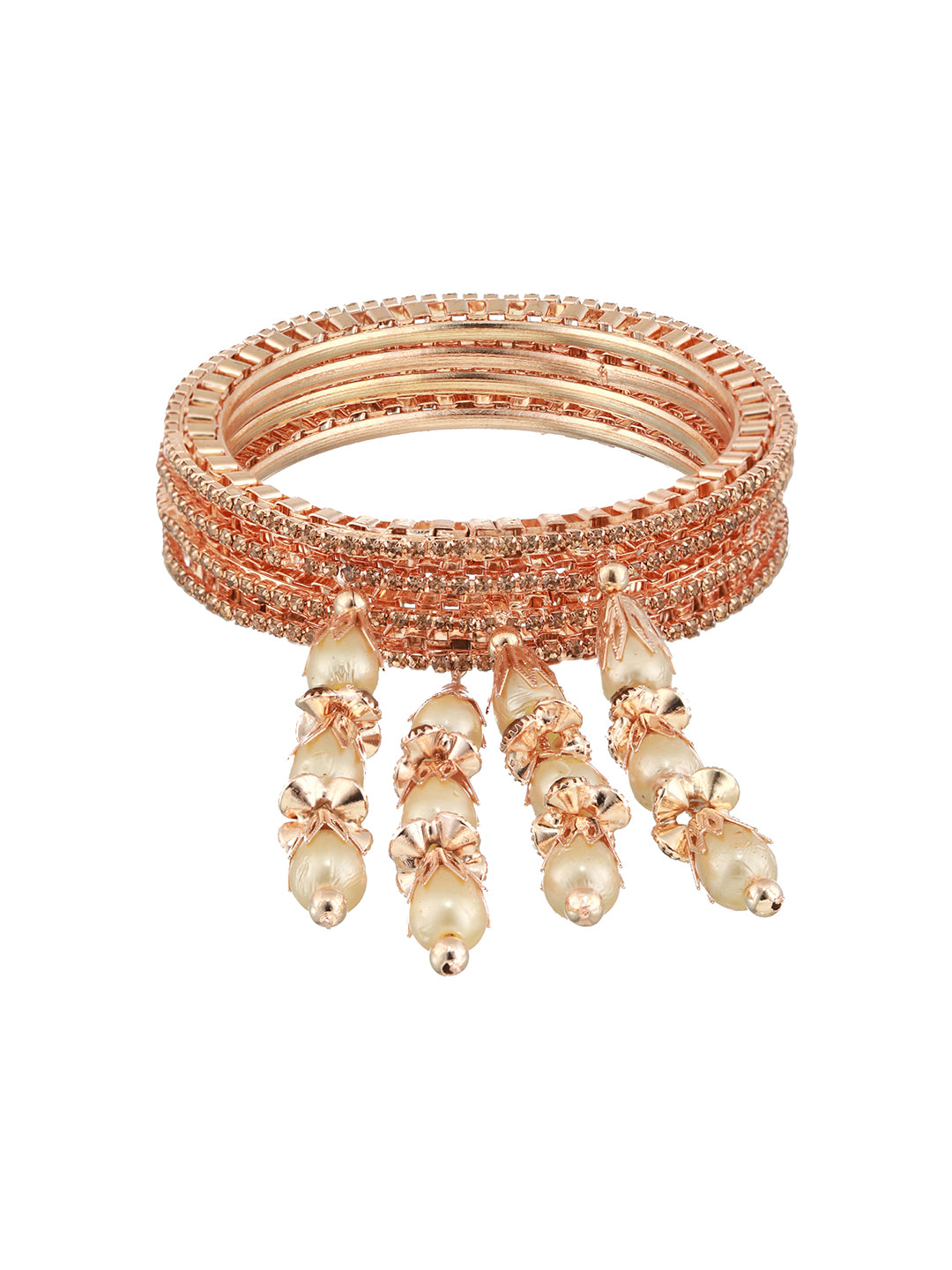 Set Of 4 Rose Gold-Plated Crystal Studded & Beaded Bangles - Jazzandsizzle