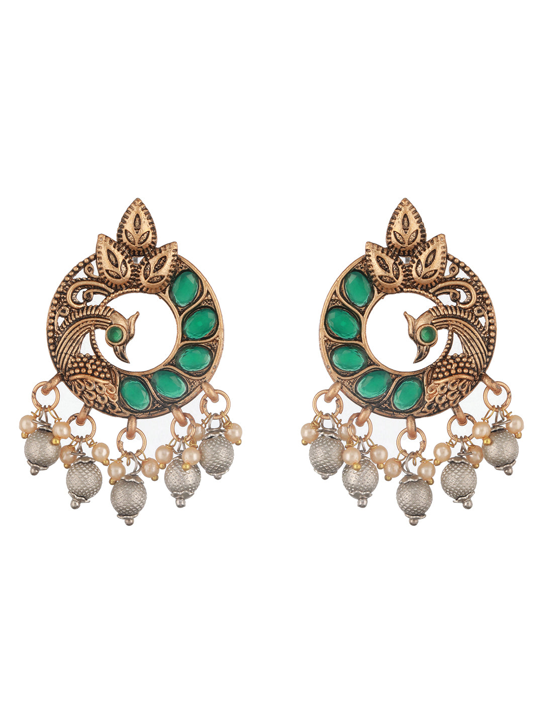 Jazz And Sizzle Gold-Plated Artificial Stone Studded & Beaded Peacock Shaped Drop Earrings