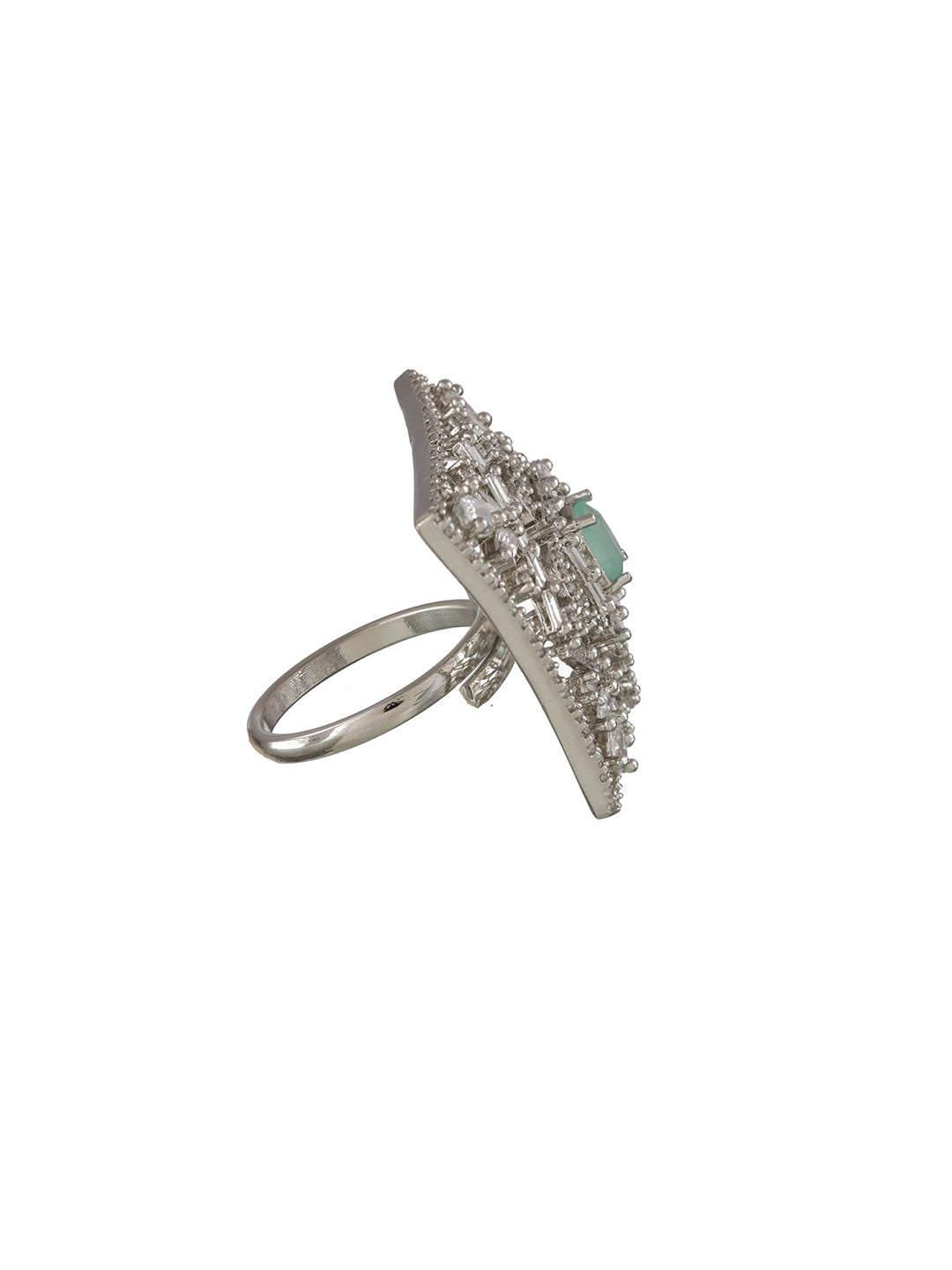 Silver-Plated Mint Green AD-Studded Handcrafted Adjustable Finger Ring - Jazzandsizzle