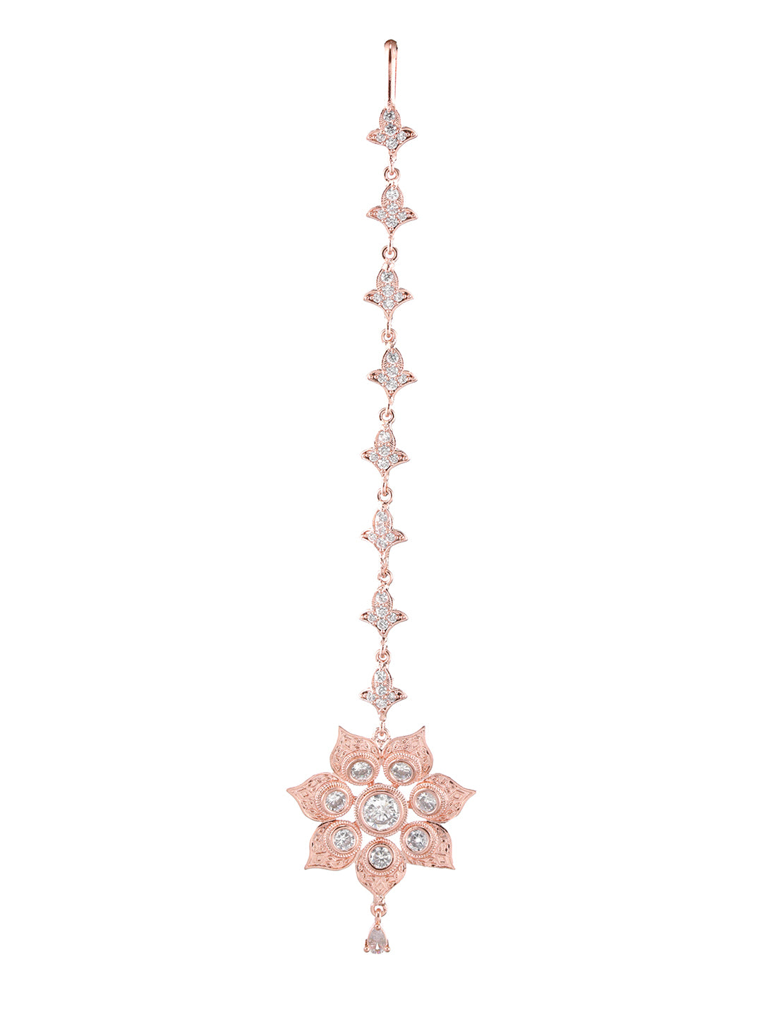 Rose Gold-Plated White AD-Studded Handcrafted Floral Maang Tikka - Jazzandsizzle