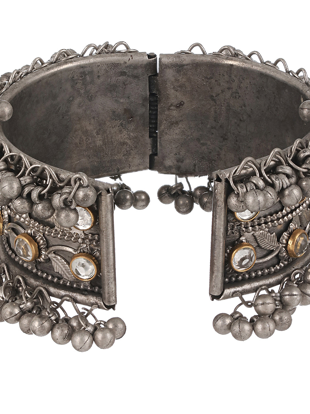 Silver-Plated Oxidised Leaf Pattern Kundan Studded Kada Bracelet - Jazzandsizzle