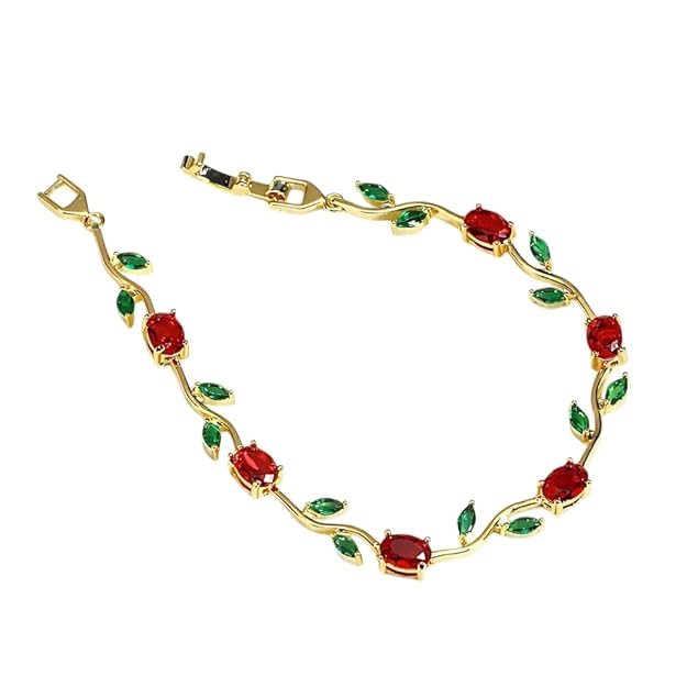 Jazz And Sizzle Tulip Bracelet with Oval Red and Marquise Green Stones, Floral Vine Style |Anti Tarnish