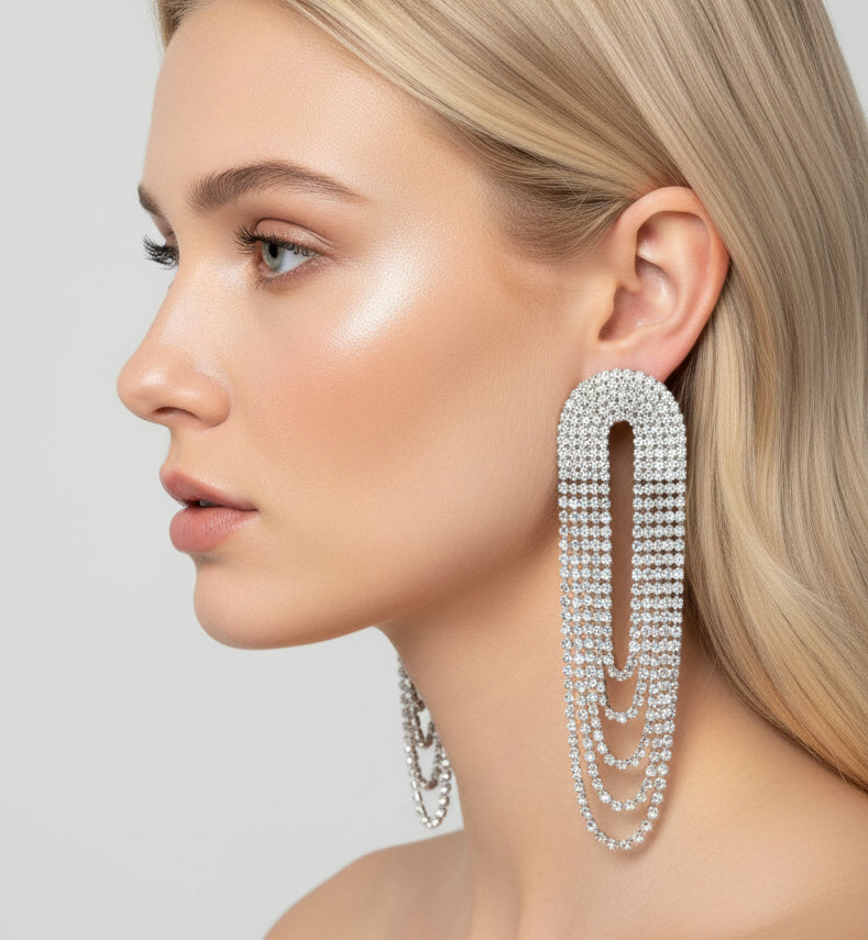 Jazz And Sizzle Stylish Silver Plated Contemporary Rhinestone Drop Dangler Earrings| party|Bling earrings