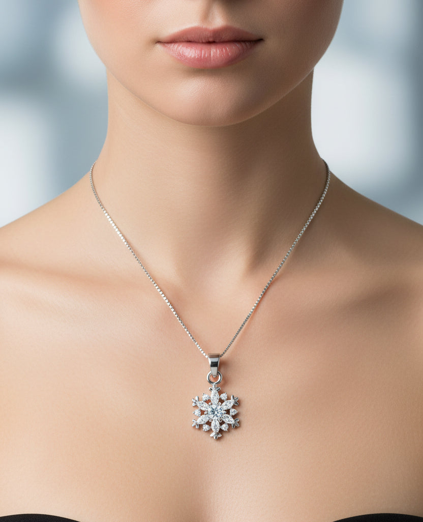 Jazz And Sizzle Silver Snowflake Pendant Chain Necklace