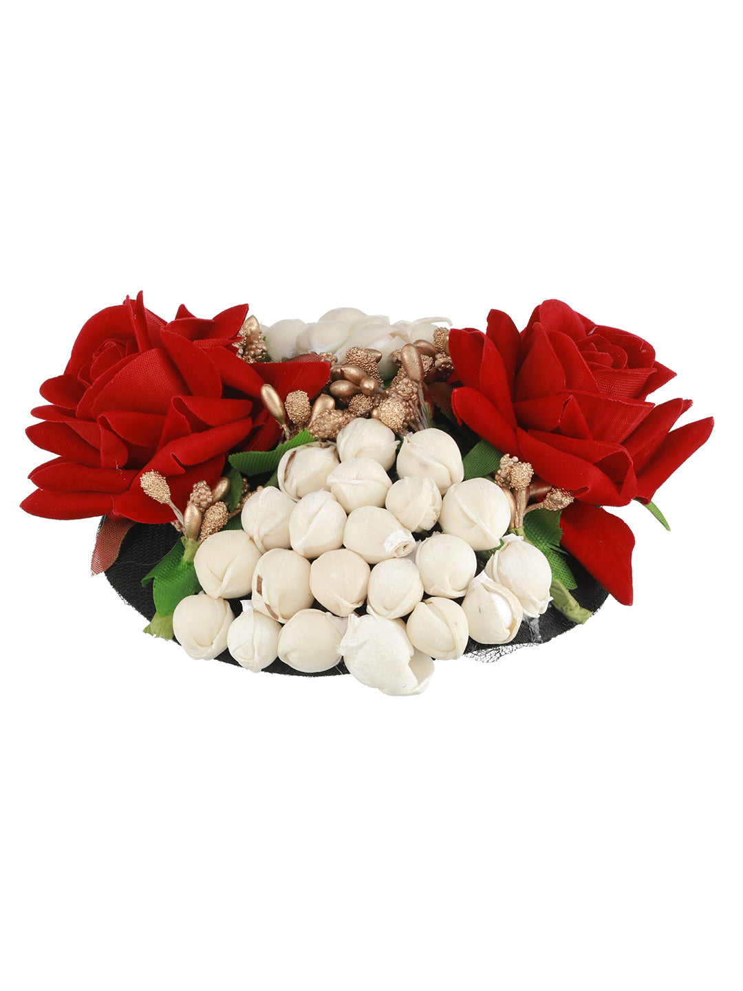 Women Red Rose & White Mogra Embellished Artificial Flower Gajra Designed Hair Bun Cover - Jazzandsizzle