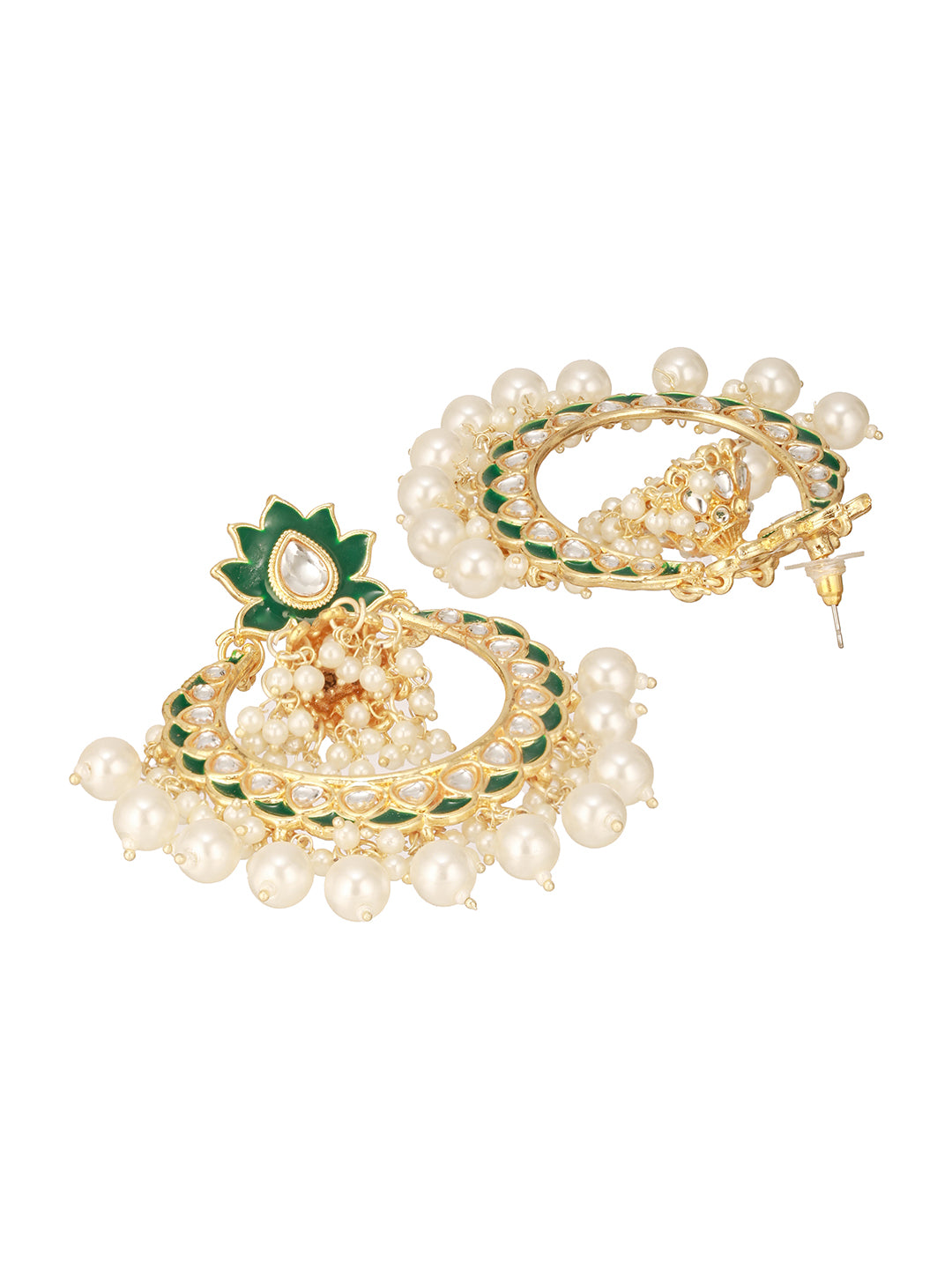 Jazz And Sizzle Green Kundan Studded Pearl Chandbali Earrings