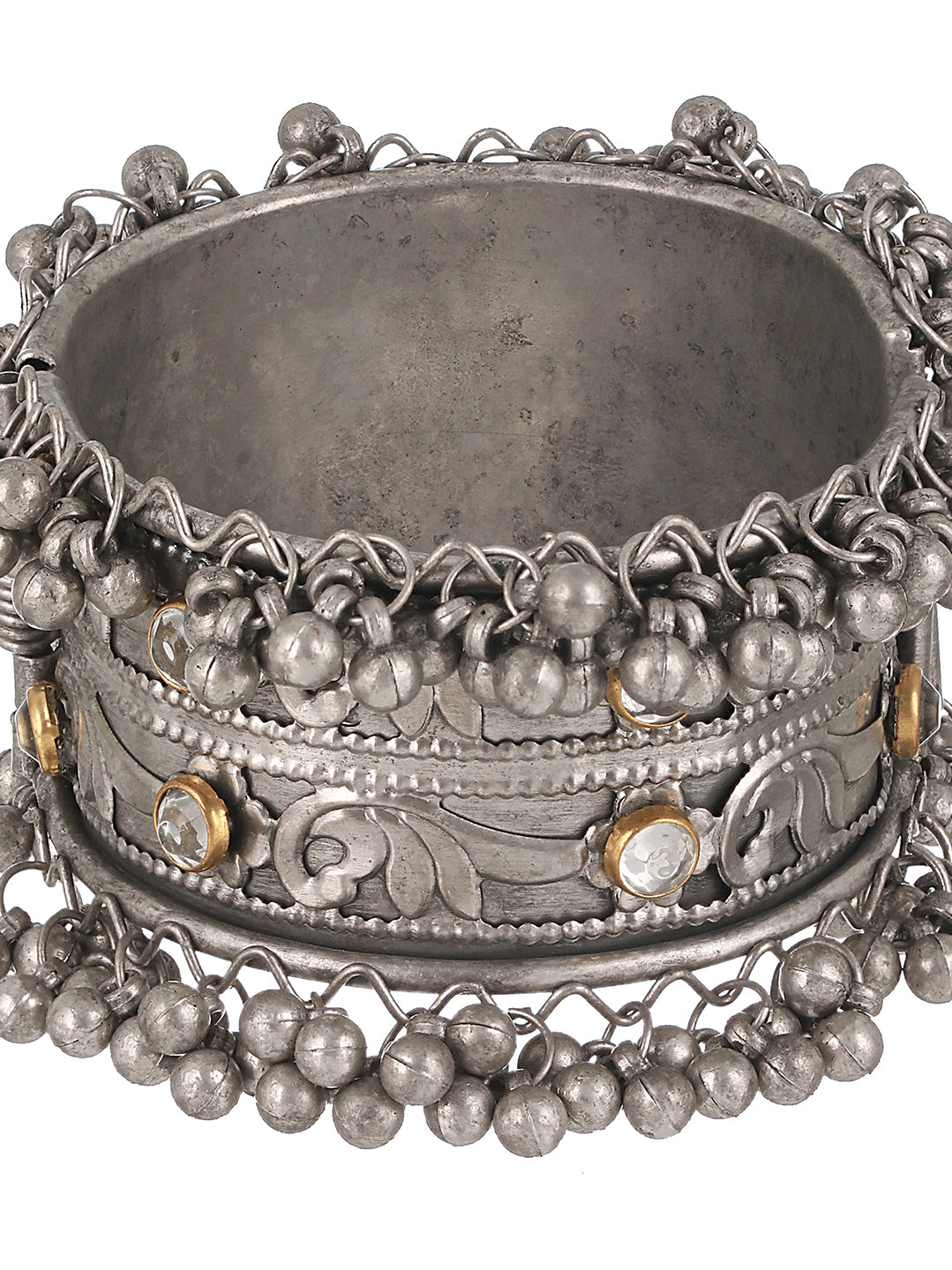 Silver-Plated Oxidised & Kundan Studded Kada Bracelet - Jazzandsizzle