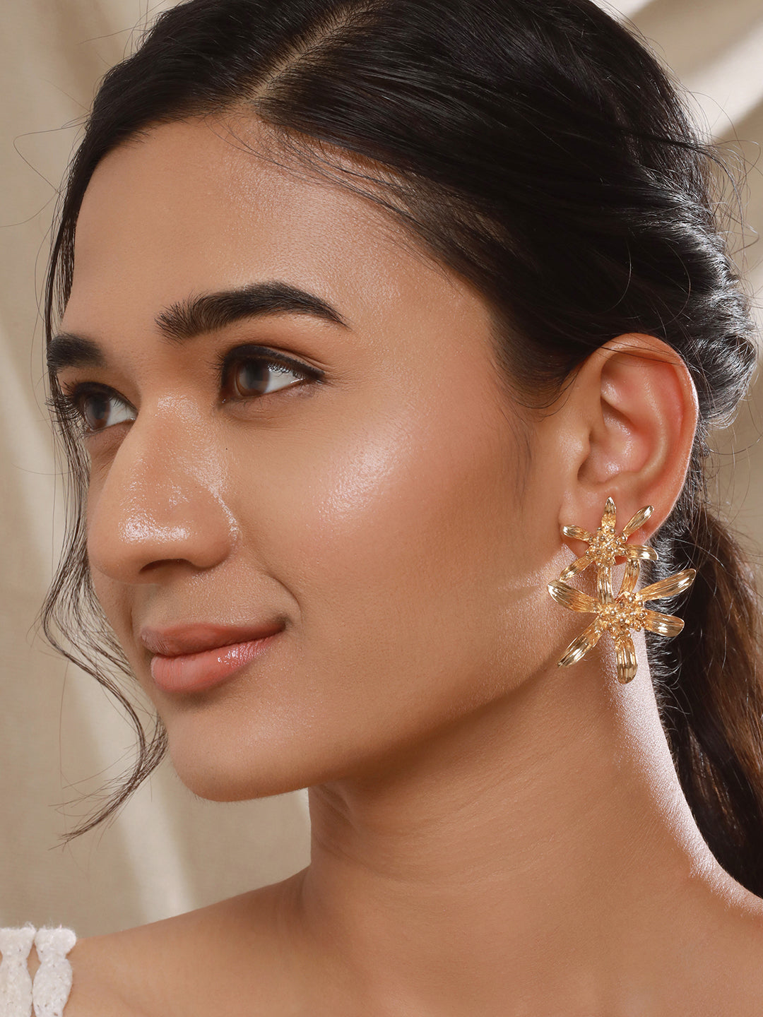 Jazz And Sizzle Gold Plated Floral Shaped Drop Earrings for Girls