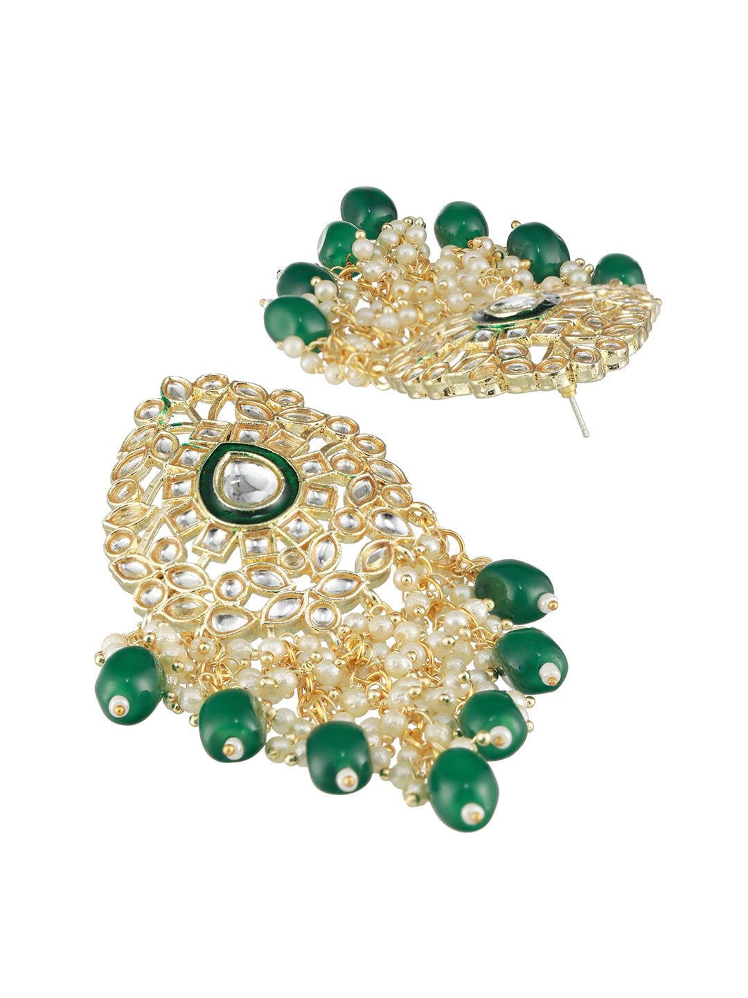 Green Gold Plated Kundan Studded & Beaded Meenakari Drop Earrings - Jazzandsizzle