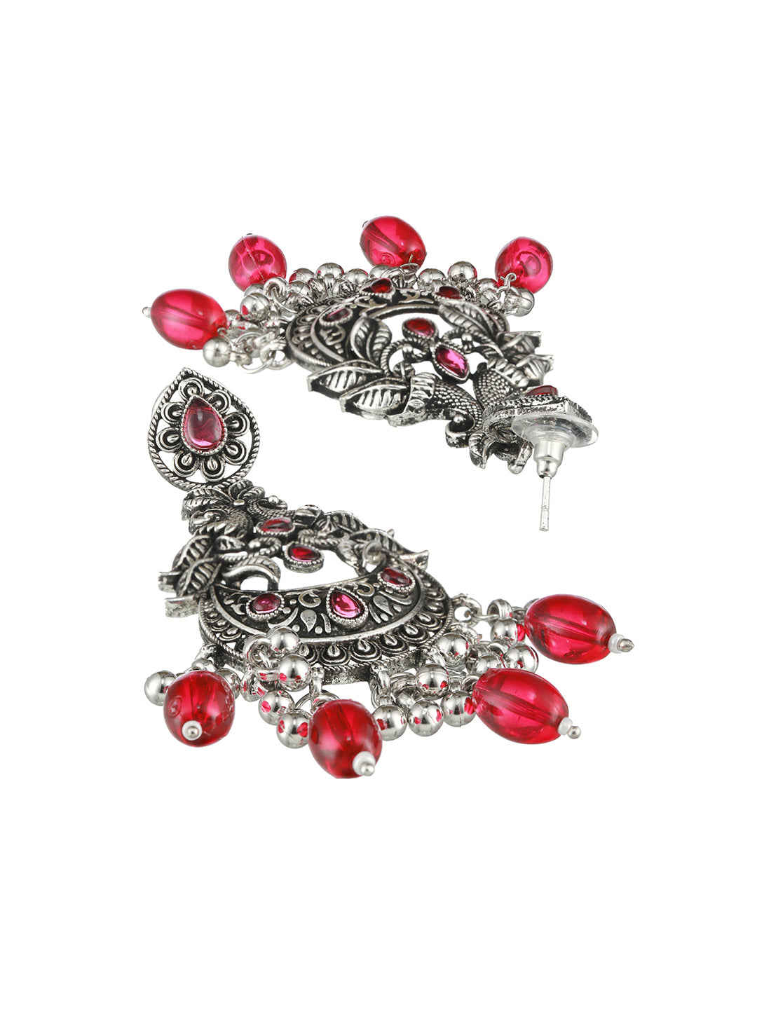 Red Silver-Plated Kundan Studded Peacock Shaped Chandbalis - Jazzandsizzle