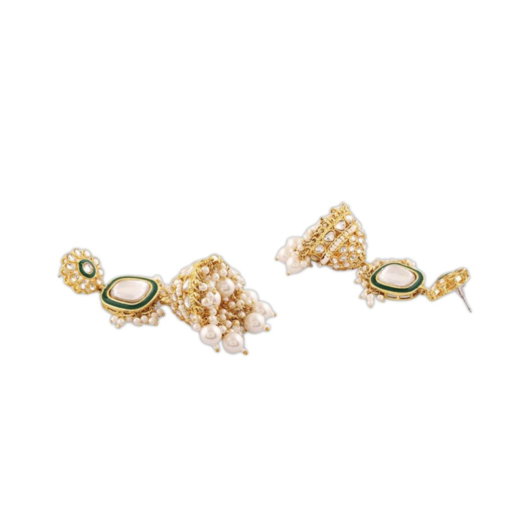 Jazz And Sizzle Gold Plated & Pearl Beaded Kundan Studded Minakari Jhumka Drop Earrings