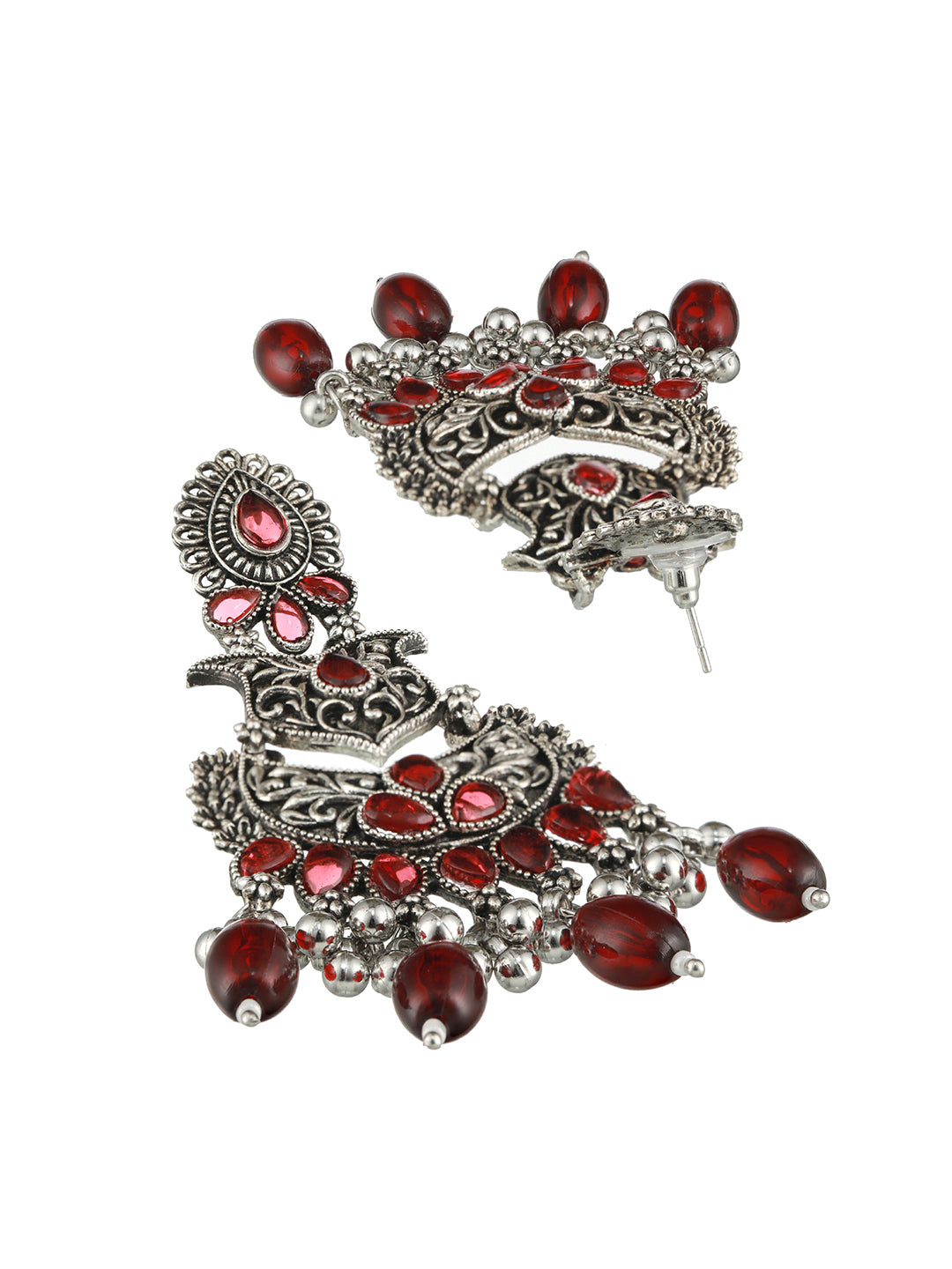 Silver-Toned & Red Classic Chandbalis - Jazzandsizzle