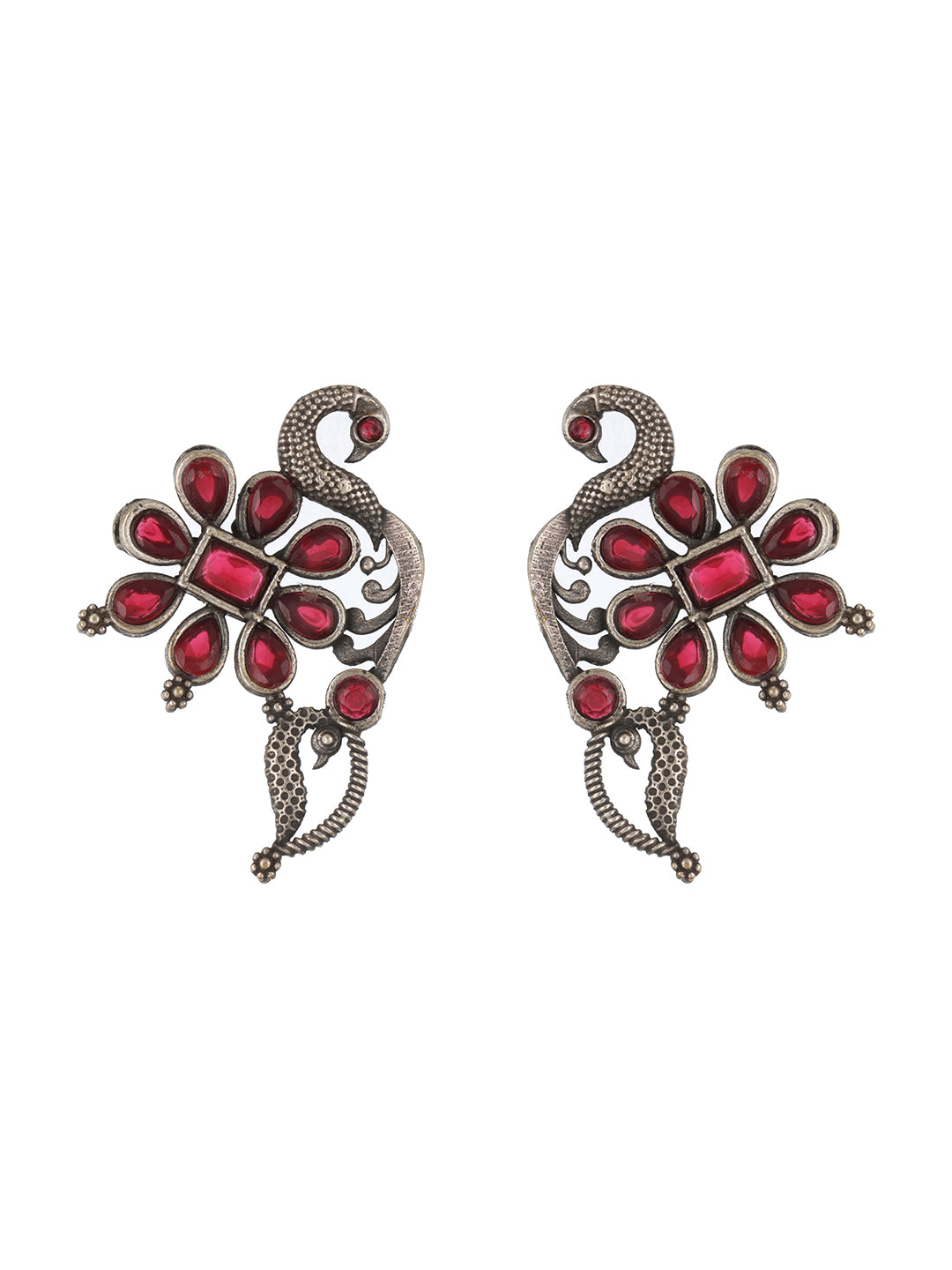 Silver Plated & Red Stone Studded Oxidised Peacock Shaped Drop Earrngs - Jazzandsizzle