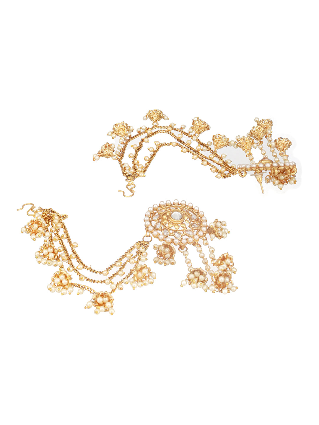 Jazz And Sizzle Gold-Plated Kundan Studded & Beaded Women Classic Jhumka Earrings with Kanchain