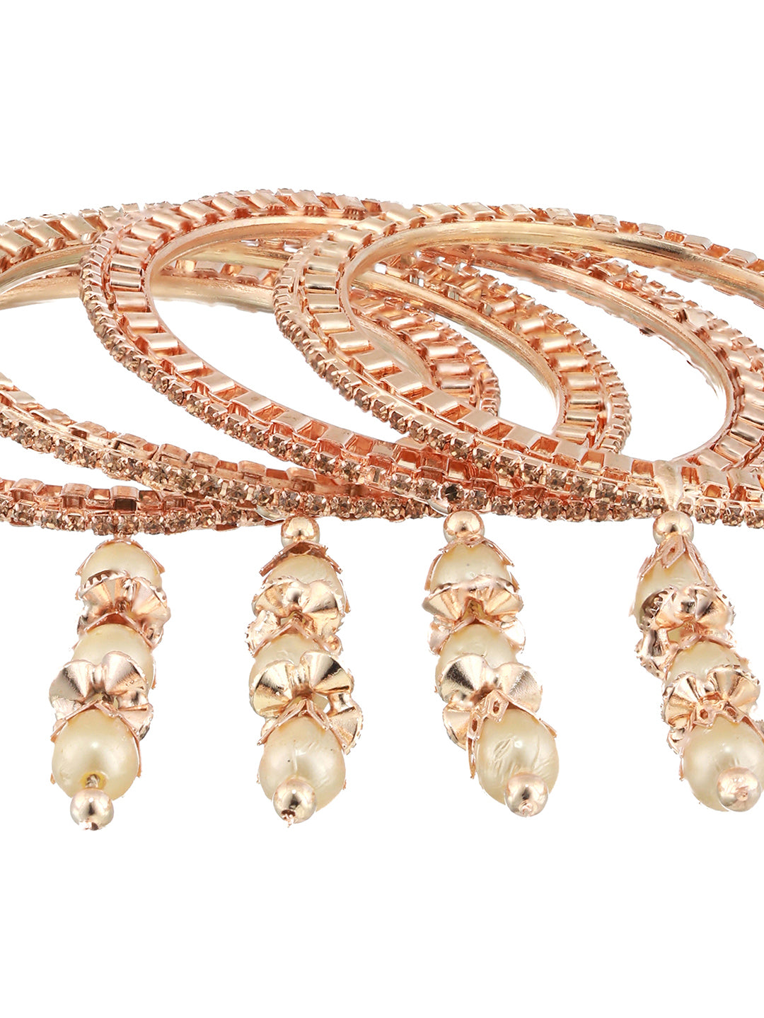 Set Of 4 Rose Gold-Plated Crystal Studded & Beaded Bangles - Jazzandsizzle