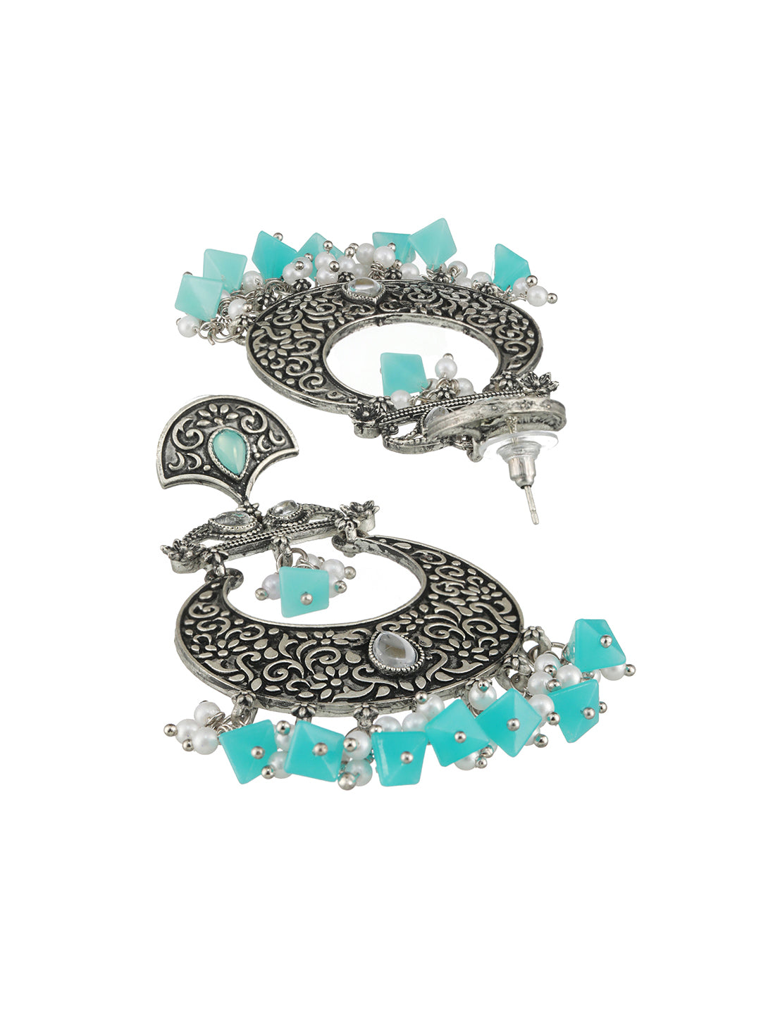 Oxidised Silver-Toned & Blue Stone Studded Chandbali Earrings - Jazzandsizzle