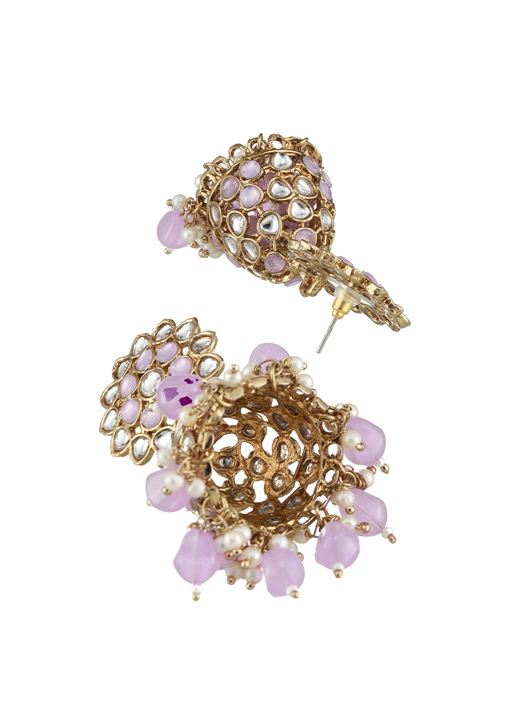 Gold Plated Purple Beaded & White Kundan Studed Jhumka Earrings - Jazzandsizzle