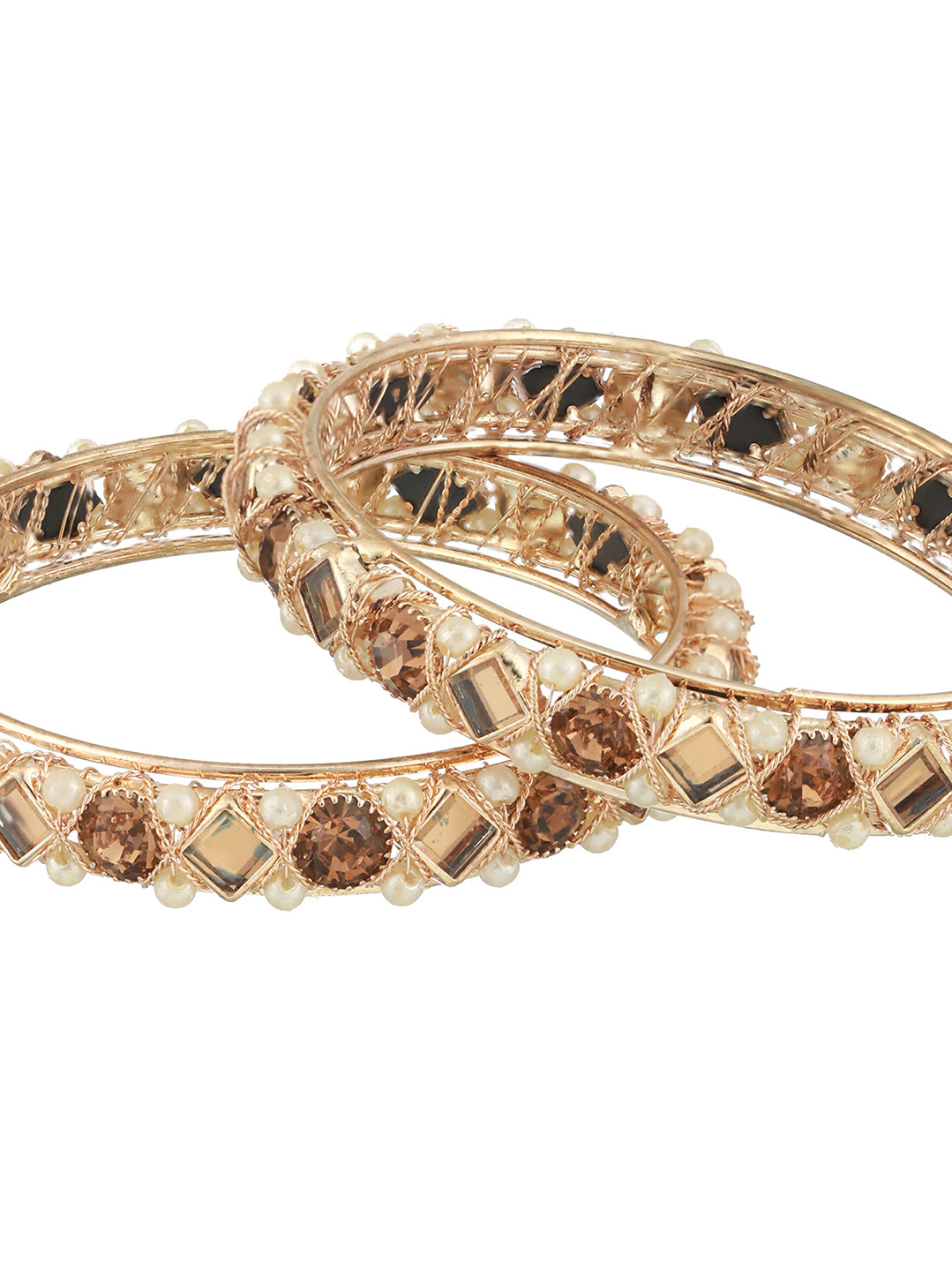 Set Of 2 Rose Gold-Plated Crystal Studded & Beaded Bangles - Jazzandsizzle