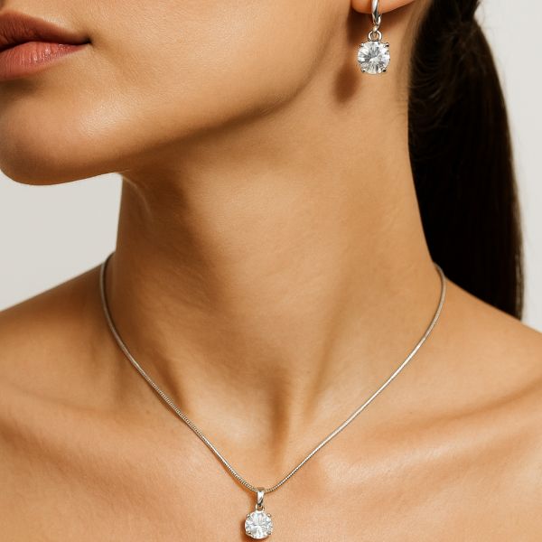 Jazz And Sizzle Rhodium Plated & American Diamond-Studded Pendent Set with Hoop Earrings