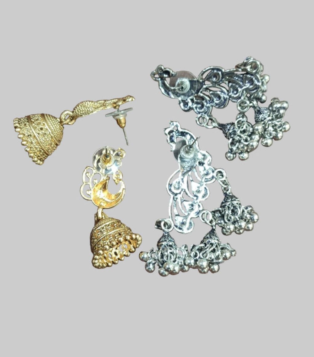 Jazz And Sizzle Set of 2  Oxidized Silver & Gold Plated Peacock Shaped Jhumka Drop Earrings