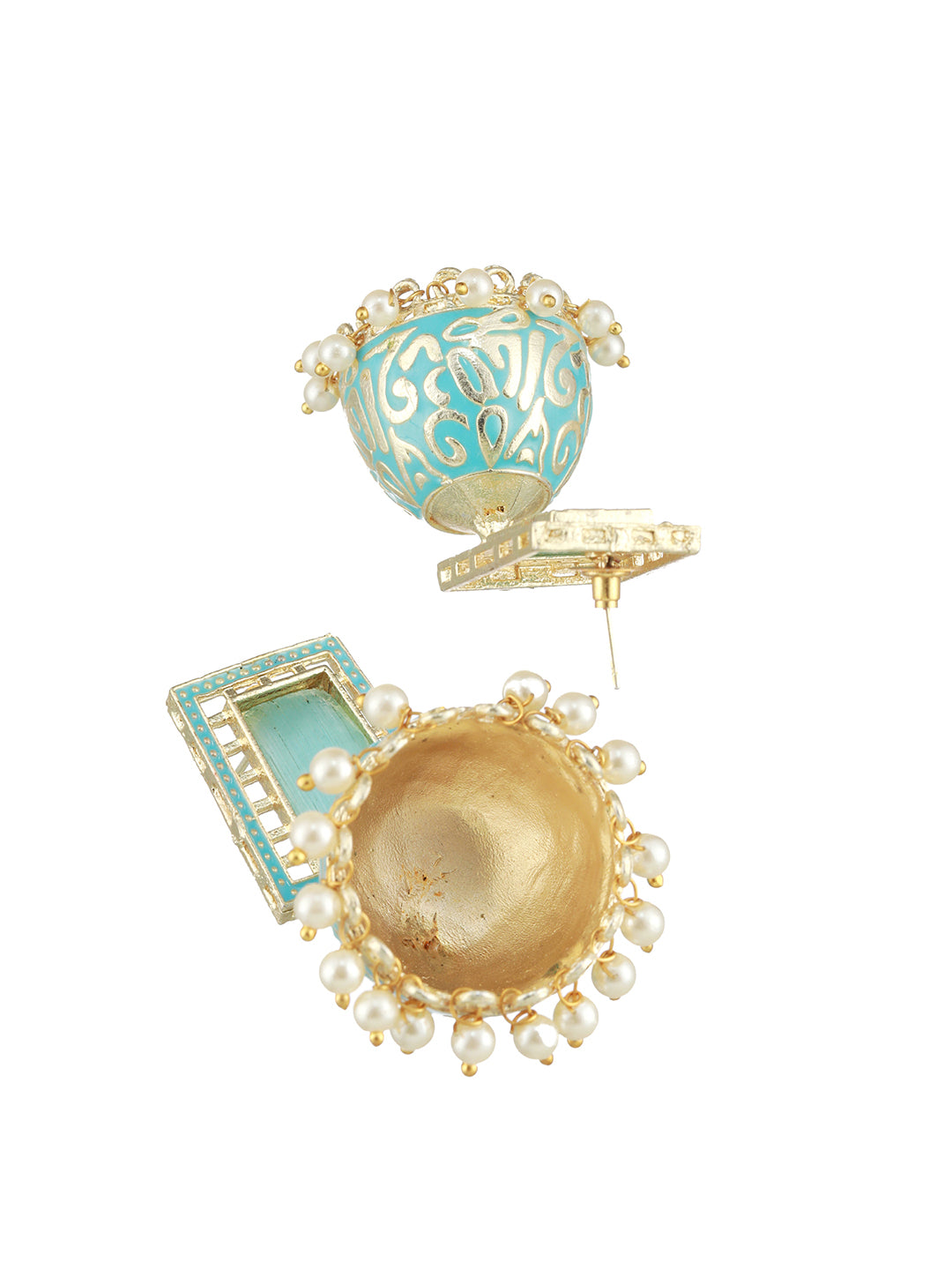 Turquise Blue Gold Plated Stone Studded & Beaded Handcrafted Enamelled Jhumkas - Jazzandsizzle