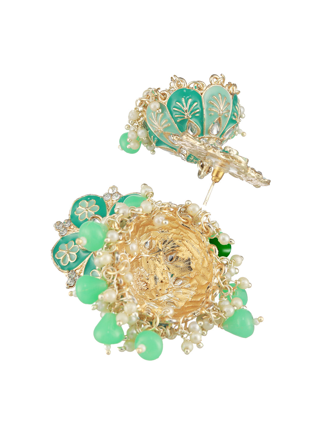 Gold-Plated & Sea Green Dome Shaped Jhumkas - Jazzandsizzle