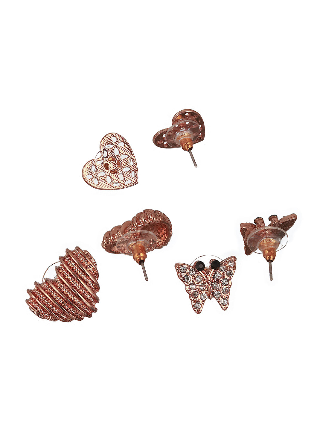 Set of 3 Rosegold-Plated Heart Shaped Stud Earrings - Jazzandsizzle