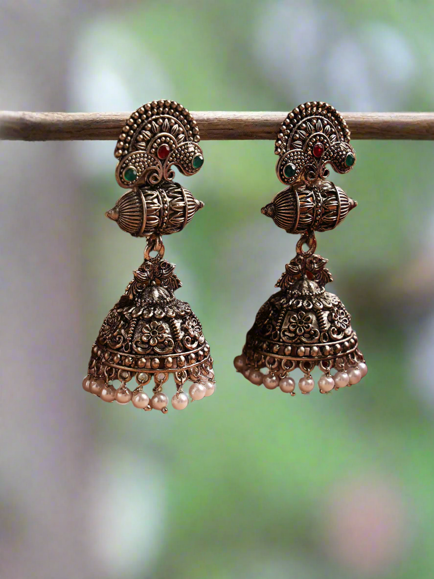 Oxidised Peacock Shaped Silver-Plated Red & Green Stone Studded & Beaded Jhumkas