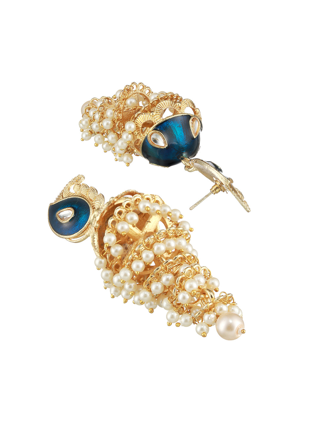 Blue Gold-Plated Kundan-Studded & Meenakari Jhumkas Earrings