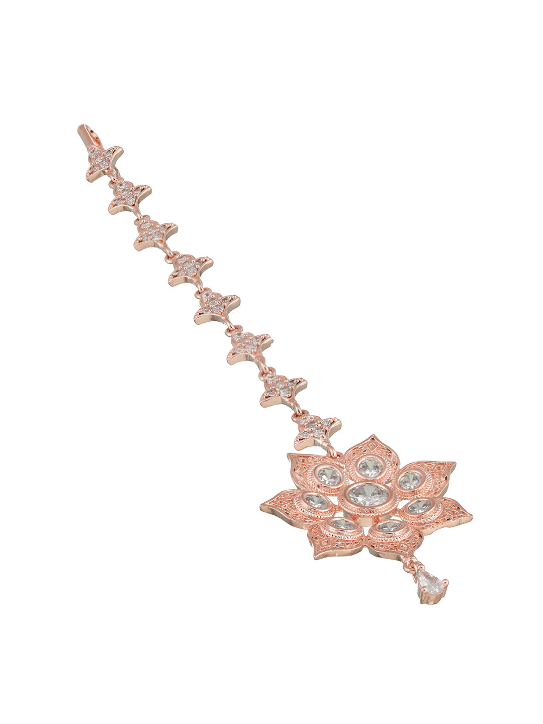 Rose Gold-Plated White AD-Studded Handcrafted Floral Maang Tikka - Jazzandsizzle