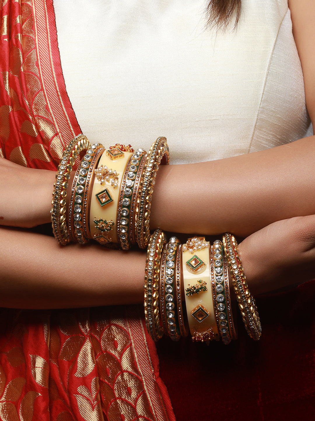 Set Of 18 Gold Plated Stones & Beads-Studded Bangle Set - Jazzandsizzle