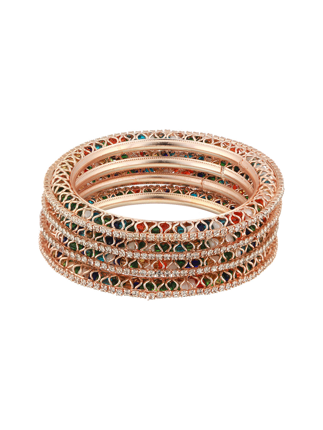 Set Of 4 Rose Gold Plated Stone-Studded Crystal-Beaded Bangles - Jazzandsizzle