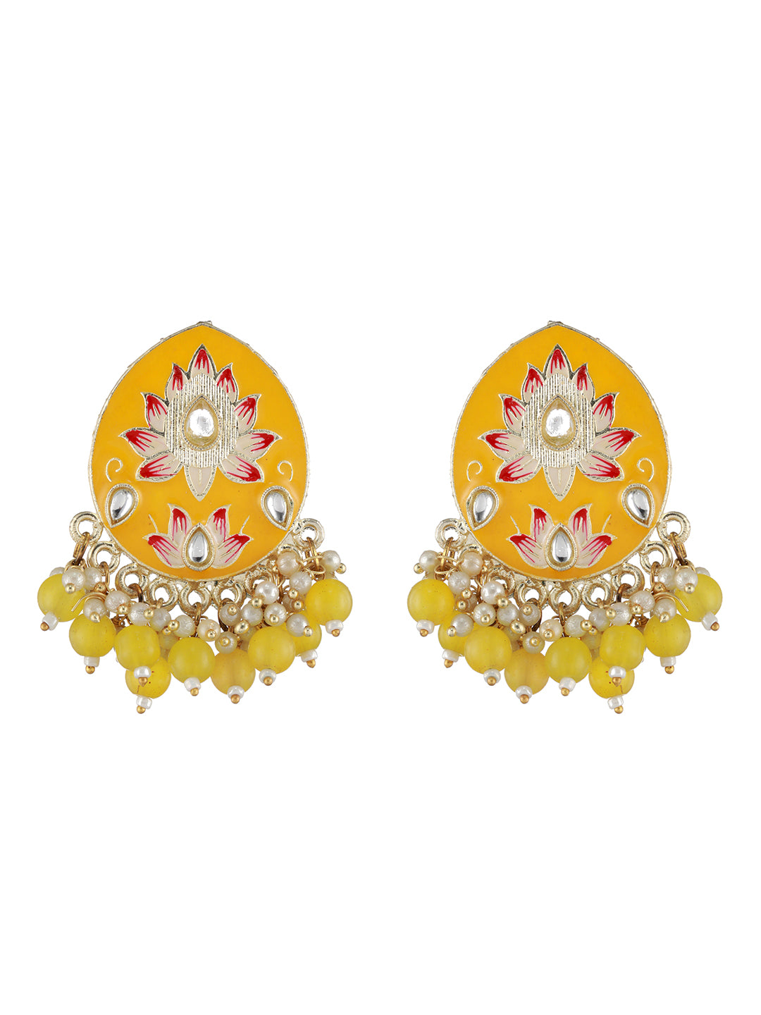 Gold-Plated Pink Meenakari Kundan-Studded & Beaded Yellow Maangtikka with Drop Earrings - Jazzandsizzle