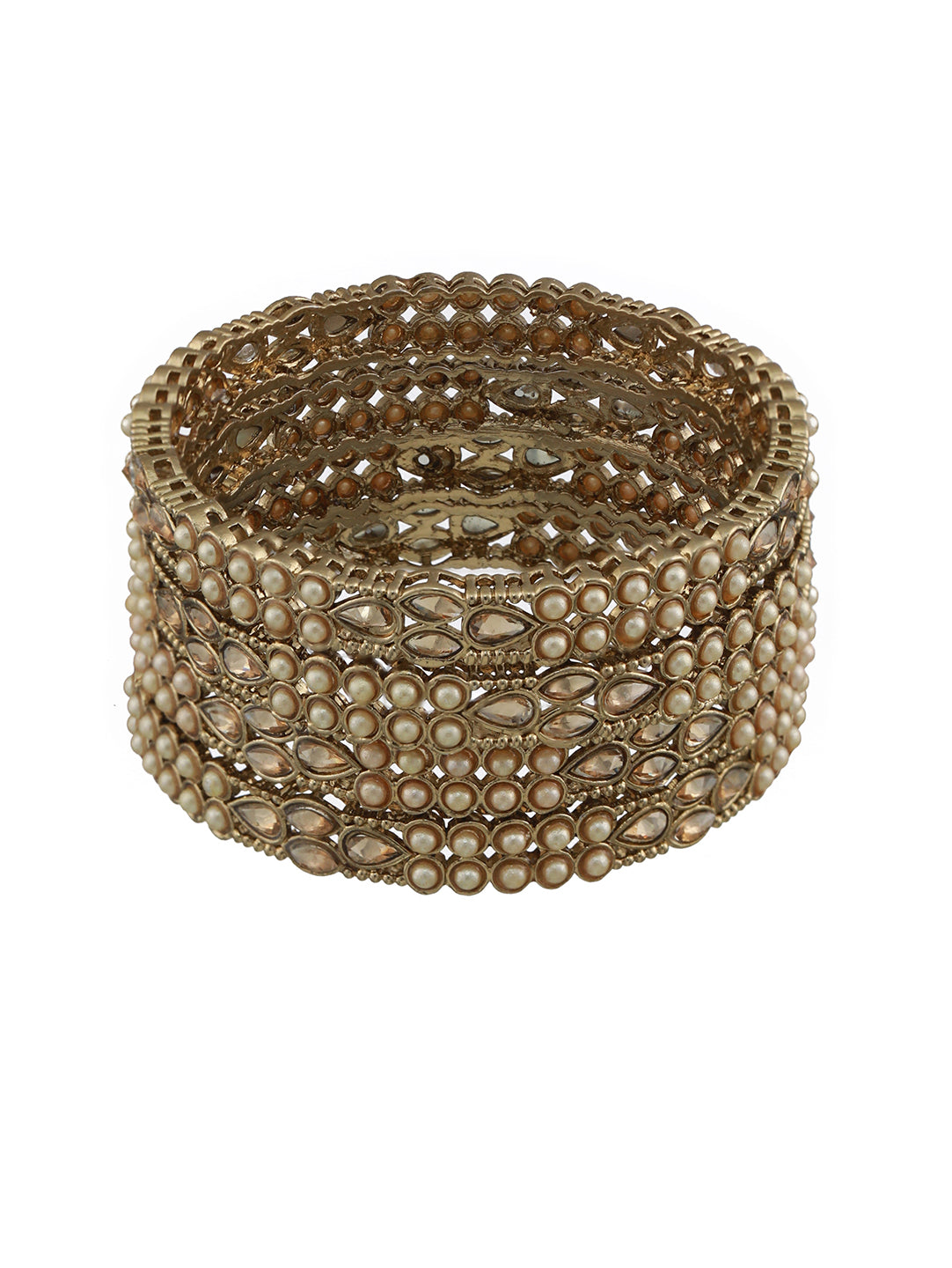 Set Of 4 Gold-Plated Kundan Studded & Pearls Beaded Bangles - Jazzandsizzle