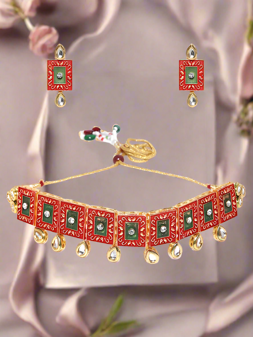 Gold-Plated Kundan-Studded & Beaded Meenakari Jewellery Set