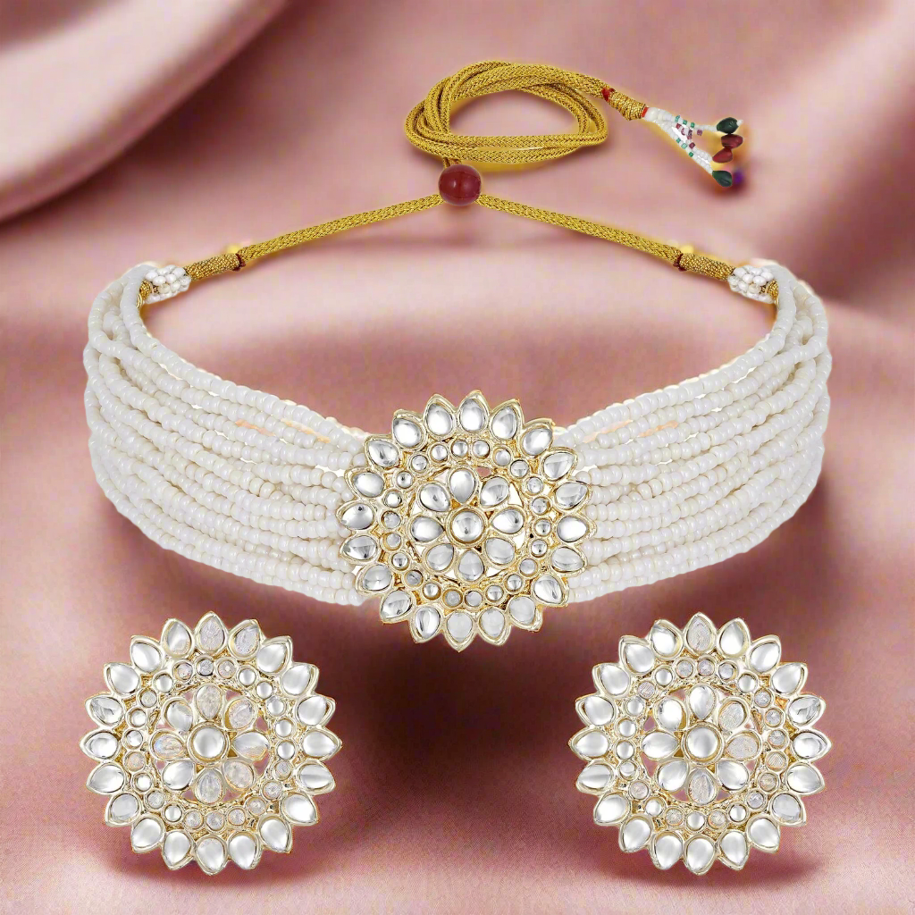 Jazz And Sizzle Gold-Plated Kundan-Studded & Beaded White Floral Necklace & Earrings Set