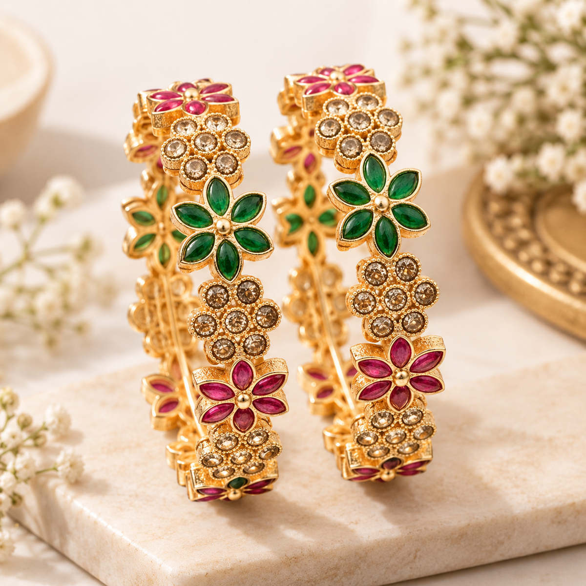 Set Of 2 Gold Plated Artificial Stone Studded & Pearl Beaded Bangles