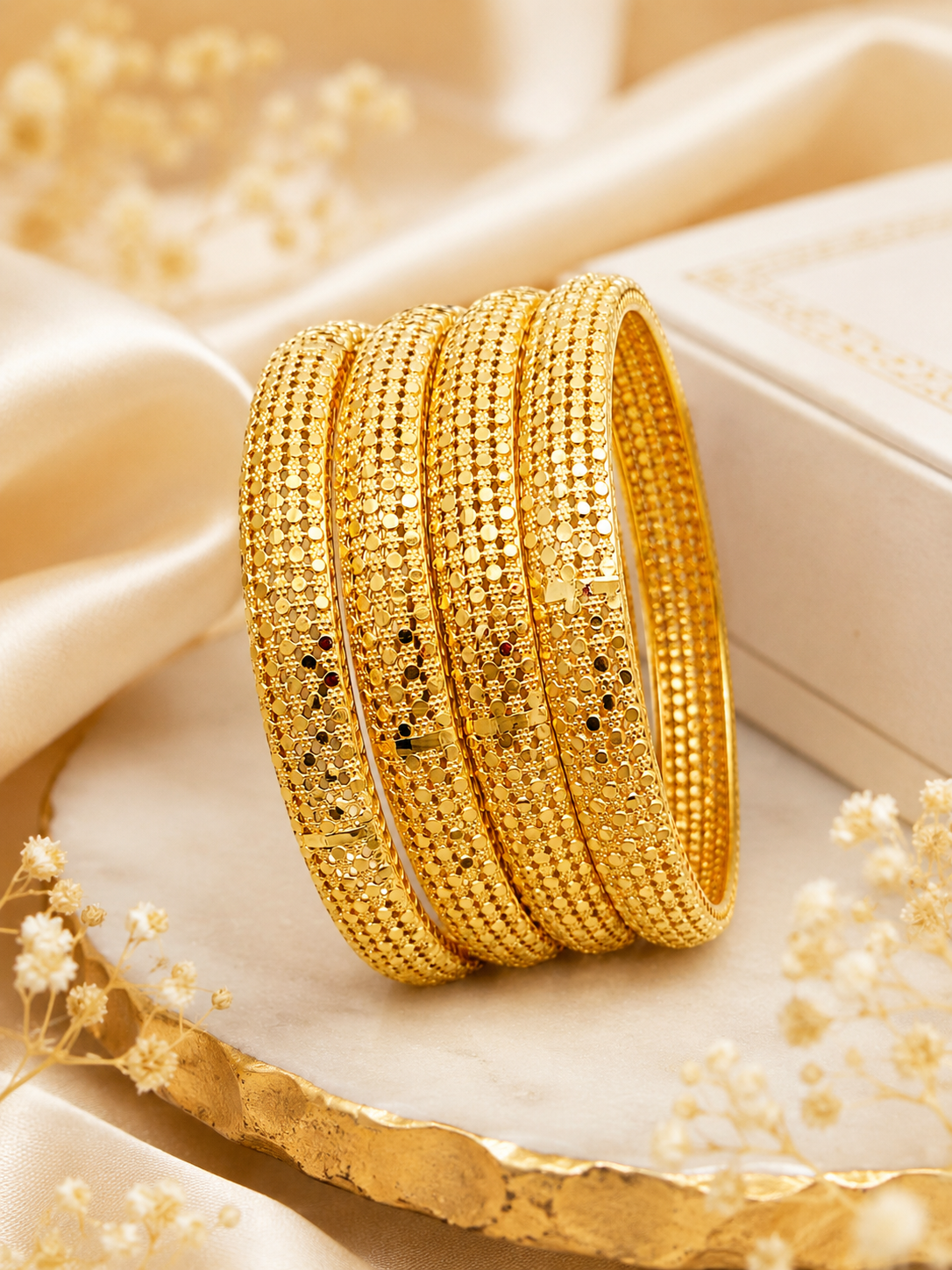 Gold-Plated Glitter Textured Ethnic Bangles Set for Women