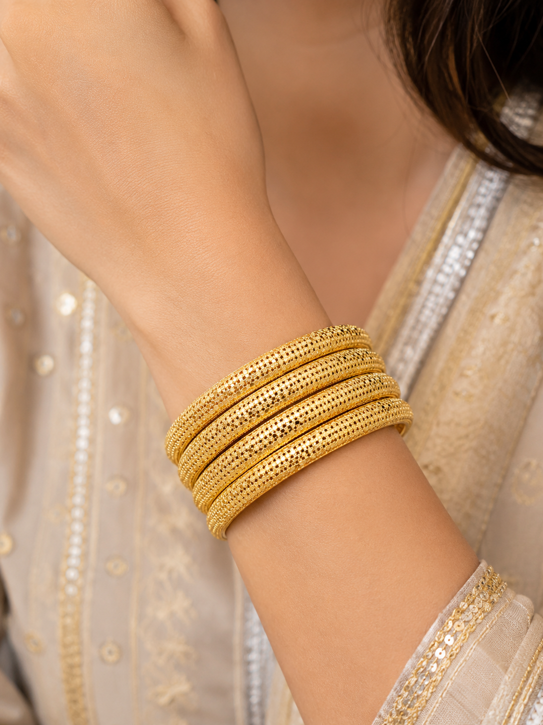 Gold-Plated Glitter Textured Ethnic Bangles Set for Women