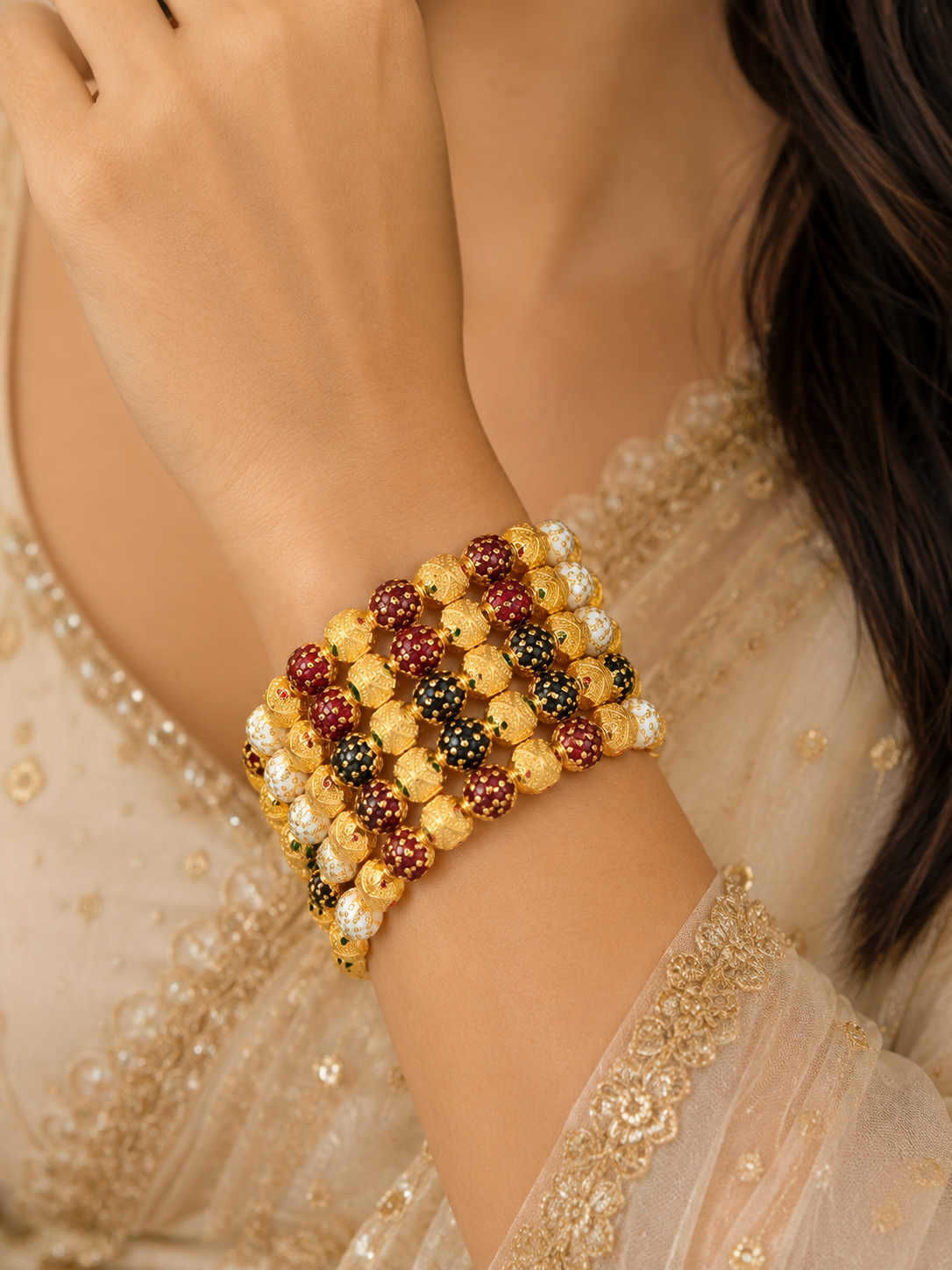 Gold-Plated Multicolor Meenakari Beaded Traditional Stretch Bangles Set for Women