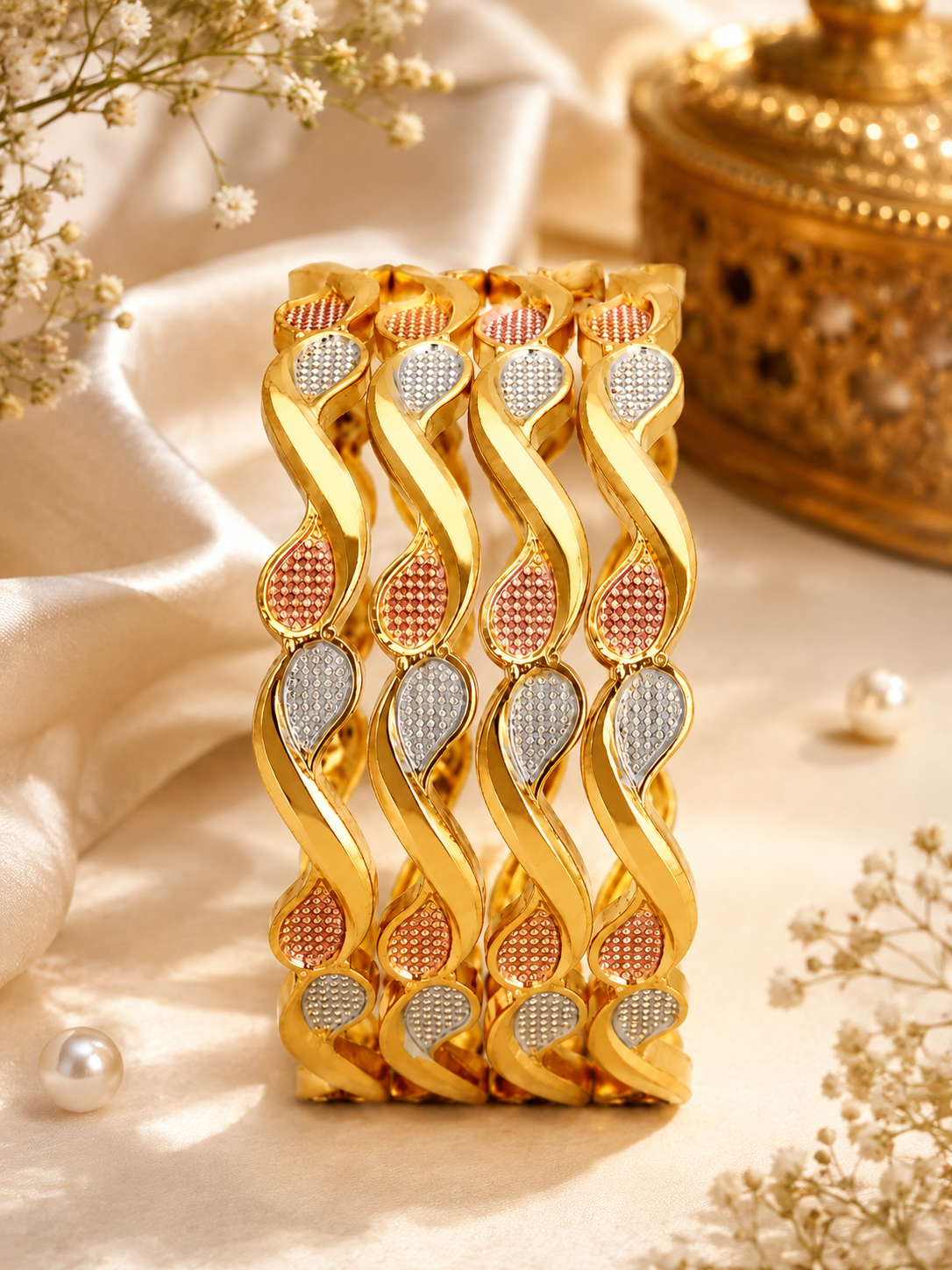 Gold-Plated Dual-Tone Textured Twisted Bangles for Women (Set of 4)
