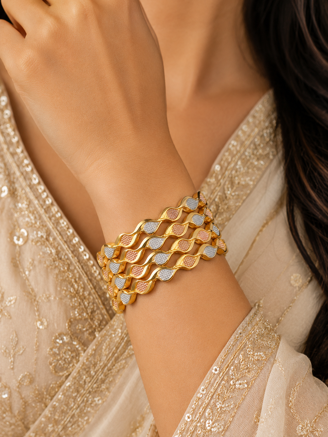 Gold-Plated Dual-Tone Textured Twisted Bangles for Women (Set of 4)