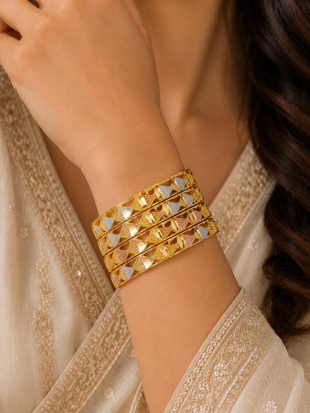 Gold-Plated Dual Tone Designer Bangles for Women | Silver & Rose Gold Textured Leaf Pattern Traditional Bangles Set | Ethnic & Festive Wear