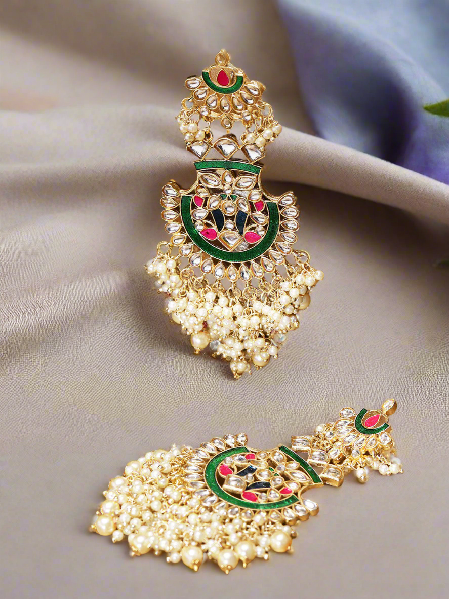 Jazz And Sizzle Gold Plated Kundan Studded Off-White Beaded Multicolor Drop Earrings