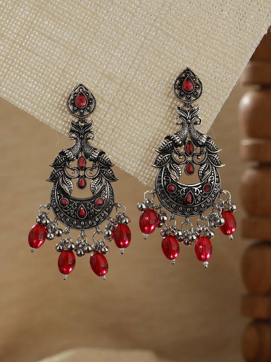 Red Silver-Plated Kundan Studded Peacock Shaped Chandbalis - Jazzandsizzle